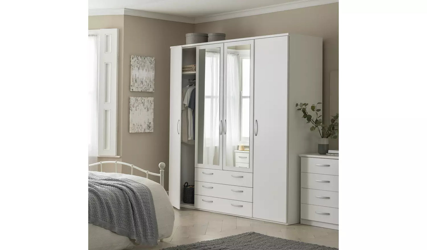 Assembled Hallingford 4 Door 3 Drawer Mirror Wardrobe - White
